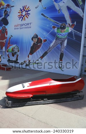 CALGARY, CANADA - JULY 29: Canadian Bobsleigh Team bob used during XV Winter Olympic Games located at Canada Olympic Park in Calgary on July 29, 2014