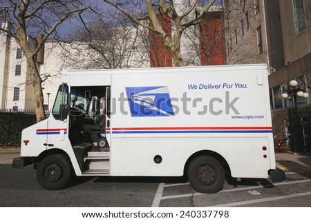BROOKLYN, NEW YORK - DECEMBER 12: United States Postal Service truck in Brooklyn on December 12, 2014. USPS is the operator of the largest civilian vehicle fleet in the world