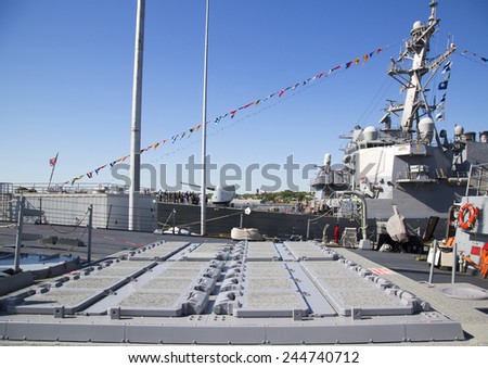 NEW YORK - MAY 25, 2014: 90-cell Vertical Launching System for Tomahawk missiles on US Navy destroyer USS McFaul during Fleet Week 2014 in New York