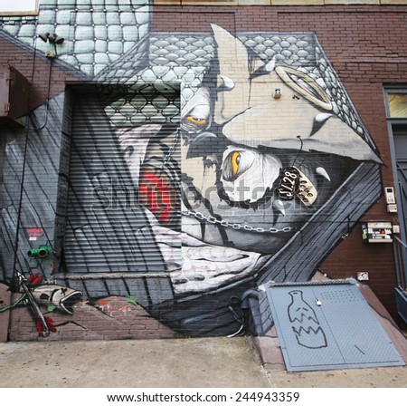 NEW YORK - DECEMBER 4, 2014: Mural art at East Williamsburg in Brooklyn. Outdoor art gallery known as the Bushwick Collective has most diverse collection of street art in Brooklyn