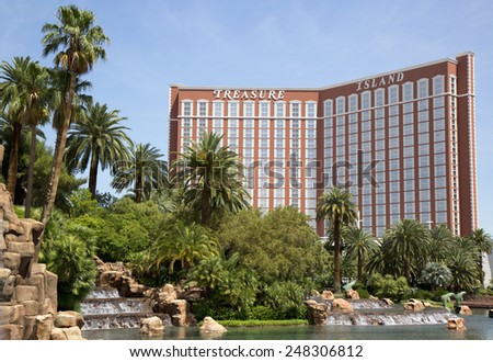 LAS VEGAS, NEVADA - MAY 9, 2014: Treasure Island Hotel and  Casino on the Las Vegas Strip in Las Vegas. Treasure Island Hotel has a 2 664 rooms and 220 suites, and is connected by tram to The Mirage