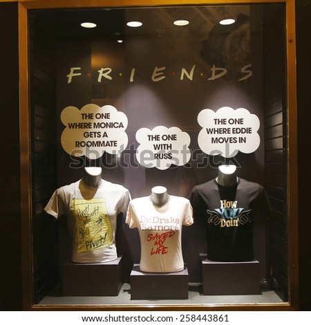 NEW YORK - FEBRUARY 26, 2015: Window display decorated with Friends TV Show logo in Rockefeller Center in Midtown Manhattan