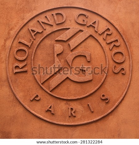 PARIS, FRANCE- MAY 23, 2015: Roland Garros logo done in clay at Le Stade Roland Garros in Paris, France