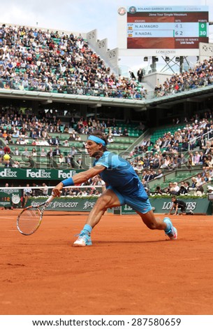 PARIS, FRANCE- MAY 28, 2015:Fourteen times Grand Slam champion Rafael Nadal during second round match at Roland Garros 2015 in Paris, France