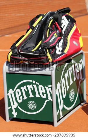 PARIS, FRANCE- MAY 23, 2015: Babolat Aero Pro bag at Le Stade Roland Garros in Paris, France. Babolat is an Official Partner of the tournament and provides racquets, balls, strings
