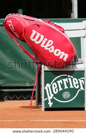 PARIS, FRANCE- MAY 29, 2015: Wilson tennis bag at Le Stade Roland Garros in Paris.