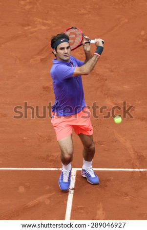 PARIS, FRANCE- MAY 29, 2015: Seventeen times Grand Slam champion Roger Federer during third round match at Roland Garros 2015 in Paris, France