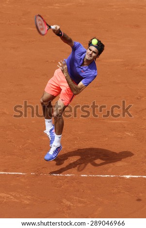 PARIS, FRANCE- MAY 29, 2015: Seventeen times Grand Slam champion Roger Federer during third round match at Roland Garros 2015 in Paris, France