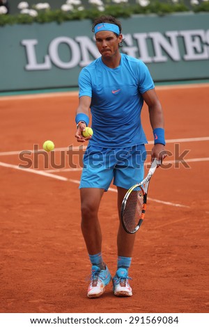PARIS, FRANCE- MAY 28, 2015:Fourteen times Grand Slam champion Rafael Nadal in action during his second round match at Roland Garros 2015 in Paris, France