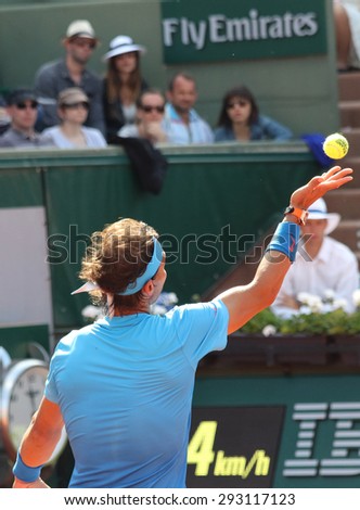 PARIS, FRANCE- MAY 30, 2015:Fourteen times Grand Slam champion Rafael Nadal in action during his third round match at Roland Garros 2015 in Paris, France