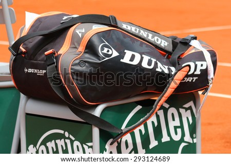 PARIS, FRANCE- MAY 28, 2015: Dunlop Performance tennis bag at Le Stade Roland Garros in Paris. Dunlop Sport is a British sporting goods company that specializes in tennis and golf equipment