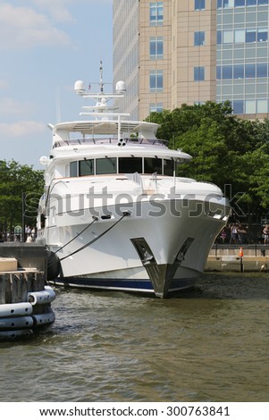 NEW YORK CITY - JULY 11, 2015: Mega yacht docked at the North Cove Marina at Battery Park in Manhattan