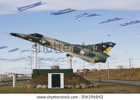 RIO GRANDE, ARGENTINA - APRIL 3, 2015: Argentine naval jet at the monument to fallen soldiers of Falklands  Malvinas war in Rio Grande, Argentina.