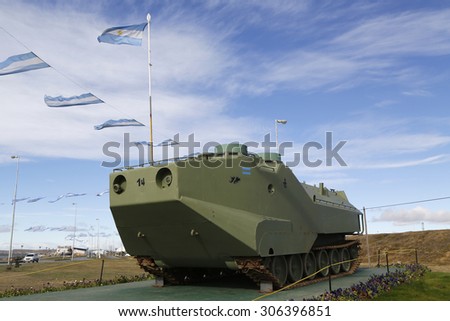 RIO GRANDE, ARGENTINA - APRIL 3, 2015: Armored military vehicle at the monument to fallen soldiers of Falklands  or Malvinas war in Rio Grande, Argentina