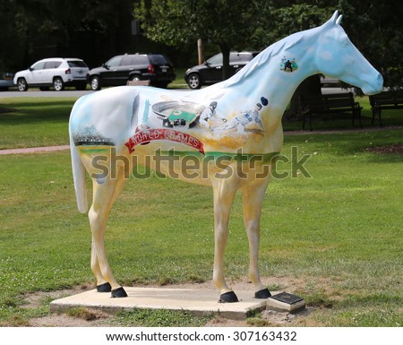 CEDARHURST, NEW YORK -  AUGUST 6, 2015: Horse sculpture with mural in memory of Mets win 1986 World Series in Long Island