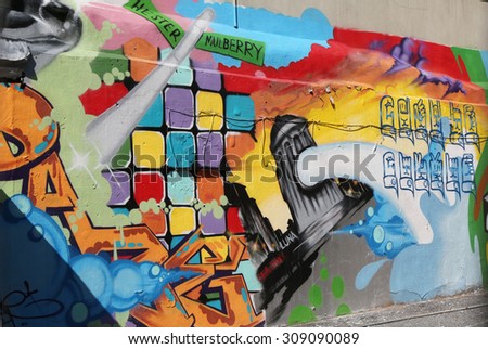 NEW YORK - JULY 17, 2015: Mural art in Little Italy in Manhattan. A mural is any piece of artwork painted or applied directly on a wall, ceiling or other large permanent surface