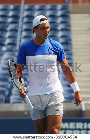 NEW YORK - AUGUST 25, 2015: Fourteen times Grand Slam Champion Rafael Nadal of Spain practices for US Open 2015 at Billie Jean King National Tennis Center in New York