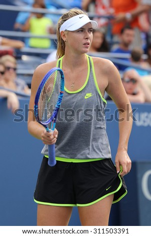 NEW YORK - AUGUST 30, 2015:Five times Grand Slam Champion Maria Sharapova practices for US Open 2015 at National Tennis Center. Few hours later Maria withdraws from US Open with leg injury.