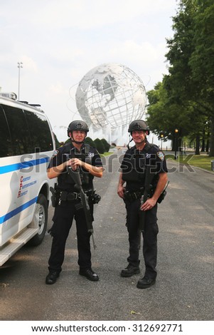 NEW YORK - AUGUST 31, 2015: NYPD counter terrorism officer providing security at National Tennis Center during US Open 2015 in New York