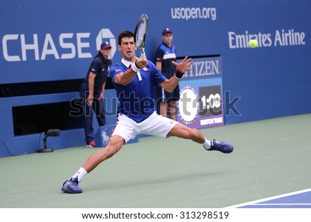 NEW YORK - AUGUST 31, 2015: Nine times Grand Slam champion Novak  Djokovic in action during first round match at  US Open 2015 at National Tennis Center in New York