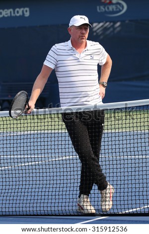 NEW YORK -SEPTEMBER 3, 2015: Six times Grand Slam champion Boris Becker coaching Novak Djokovic for US Open 2015 at Billie Jean King National Tennis Center in New York