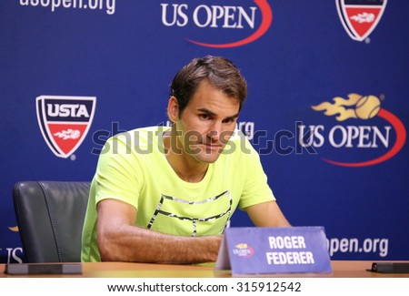 NEW YORK - SEPTEMBER 1, 2015: Seventeen times Grand Slam champion Roger Federer during press conference after first round match at US Open 2015 in New York