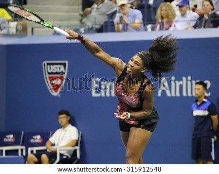 NEW YORK - AUGUST 31, 2015: Twenty one times Grand Slam champion Serena Williams in action during first round match at US Open 2015 at National Tennis Center in New York