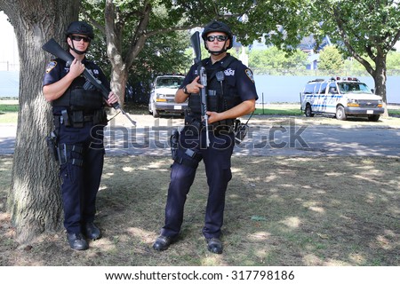 NEW YORK - SEPTEMBER 13, 2015: NYPD counter terrorism officers providing security at National Tennis Center during US Open 2015 in New York