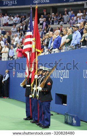 NEW YORK - SEPTEMBER 13, 2015 The Color Guard of the US Marine Corps during the opening ceremony of the US Open 2015 men\'s final at Billie Jean King National Tennis Center in New York