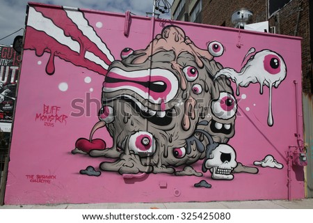 NEW YORK - SEPTEMBER 20, 2015: Mural art at East Williamsburg in Brooklyn. Outdoor art gallery known as the Bushwick Collective has most diverse collection of street art in Brooklyn