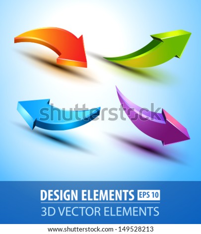 Vector 3d glossy arrows. 3d vector elements on blue background. Arrow design elements icons.