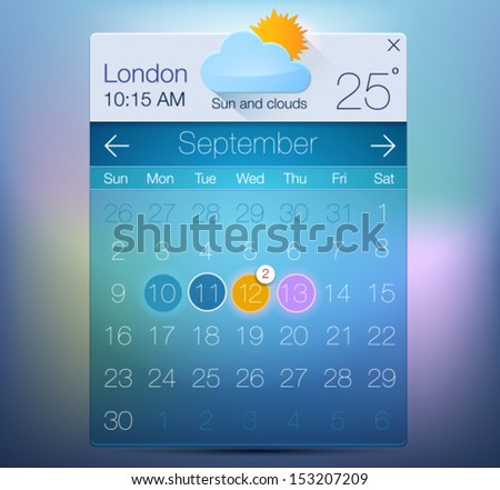 Vector Web and UI Calendar with weather informer. Modern flat style