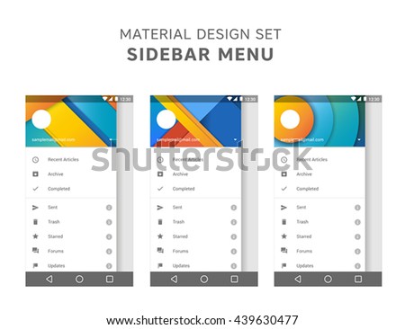 Vector set of material design sidebar menu templates. Mail agent ui elements. User interface design. Android gui. Marshmallow
