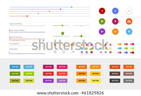 Material design ui set. Modern ui elements. Set of button, switch, slider, progress bar, input, login, checkbox, radio button, floating button elements. Flat style