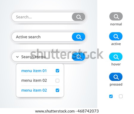 Blue search bar. Web design elements set