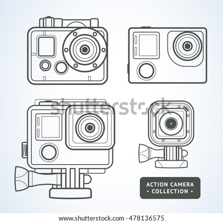 Vector line art action camera illustration isolated on white. Extreme GoPro camera icon collection. Action camera set