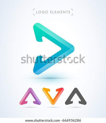 Play and arrow sign logo elements. Origami paper style, material design. Letter A and V