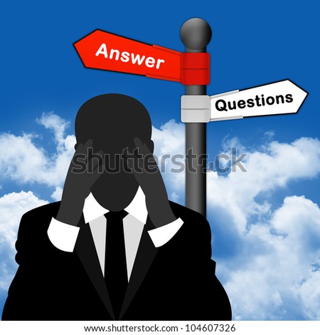 A Worried Businessman With Question and Answer Traffic Sign in Blue Sky Background