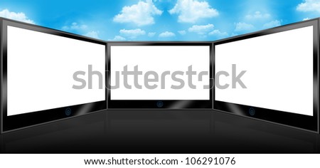 Blank LCD Plasma TV Screen Panel  With Blue Sky Background Above