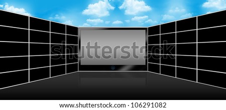 Black LCD Plasma TV Screen and Panel of Blank Wide Screen Monitor for Text Message  With Blue Sky Background Above