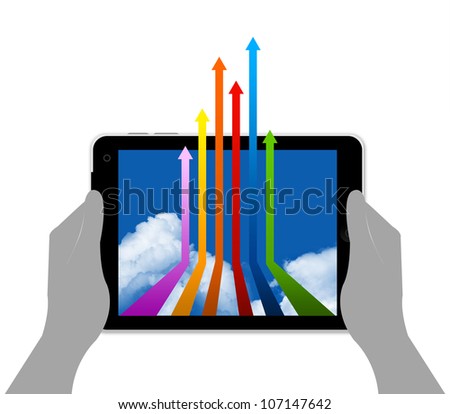 Tablet PC on Hand With Colorful Arrow on Blue Sky Screen Isolated on White Background