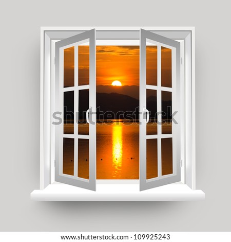 Open Window to The Lake View With Beautiful Sunset