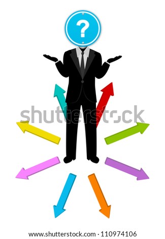 Business Solution Concept, Businessman With Blue Question Mark Traffic Sign Head and Many Way For Decision Isolated on White Background
