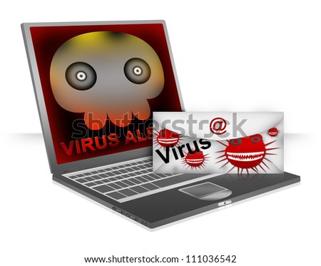 Computer Virus Concept Present By Email With Computer Viruses Attach and Computer Laptop With Skull Virus Alert on Screen Isolated on White Background