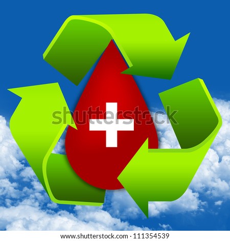Graphic For Blood Donation, Green Recycle Sign Around Red Blood Drop With White Cross Sign Inside in Blue Sky Background