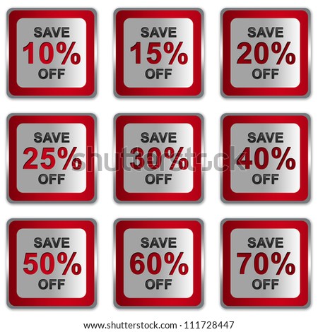 Silver Metallic Square Discount Sticker With Red Metallic Border For Save 10 - 70 Percent OFF Discount Campaign Isolated on White Background