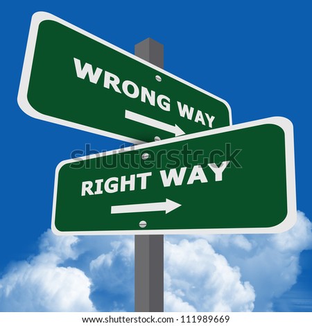 Green Wrong Way And Right Way Traffic Sign On Blue Sky Background Stock ...