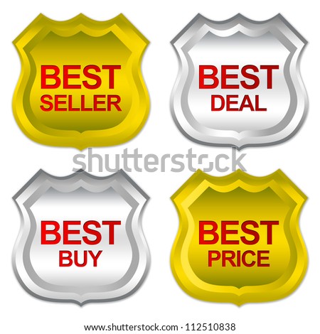 Golden and Silver Metallic Badge Sticker For Marketing Campaign With Best Seller, Best Deal, Best Buy and Best Price Isolated on White Background