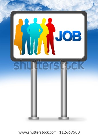 Billboard With Job Text and Colorful Candidate For Job Seeker Concept in Blue Sky Background