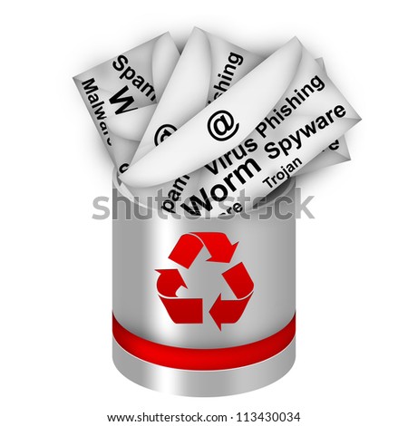 Infected Email In Red And Silver Metallic Recycle Bin For Computer Security Concept Isolated on White Background